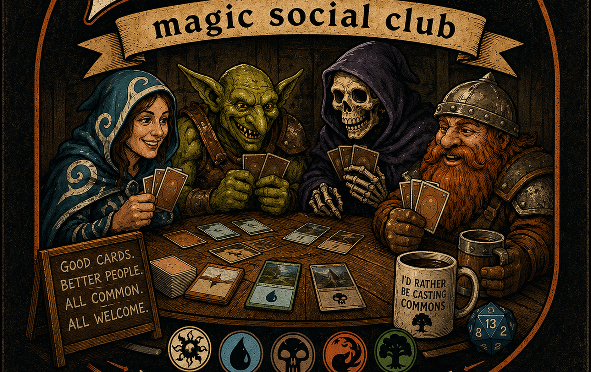 Illustration of a wizard, goblin, skeleton, and dwarf playing cards at a tavern table