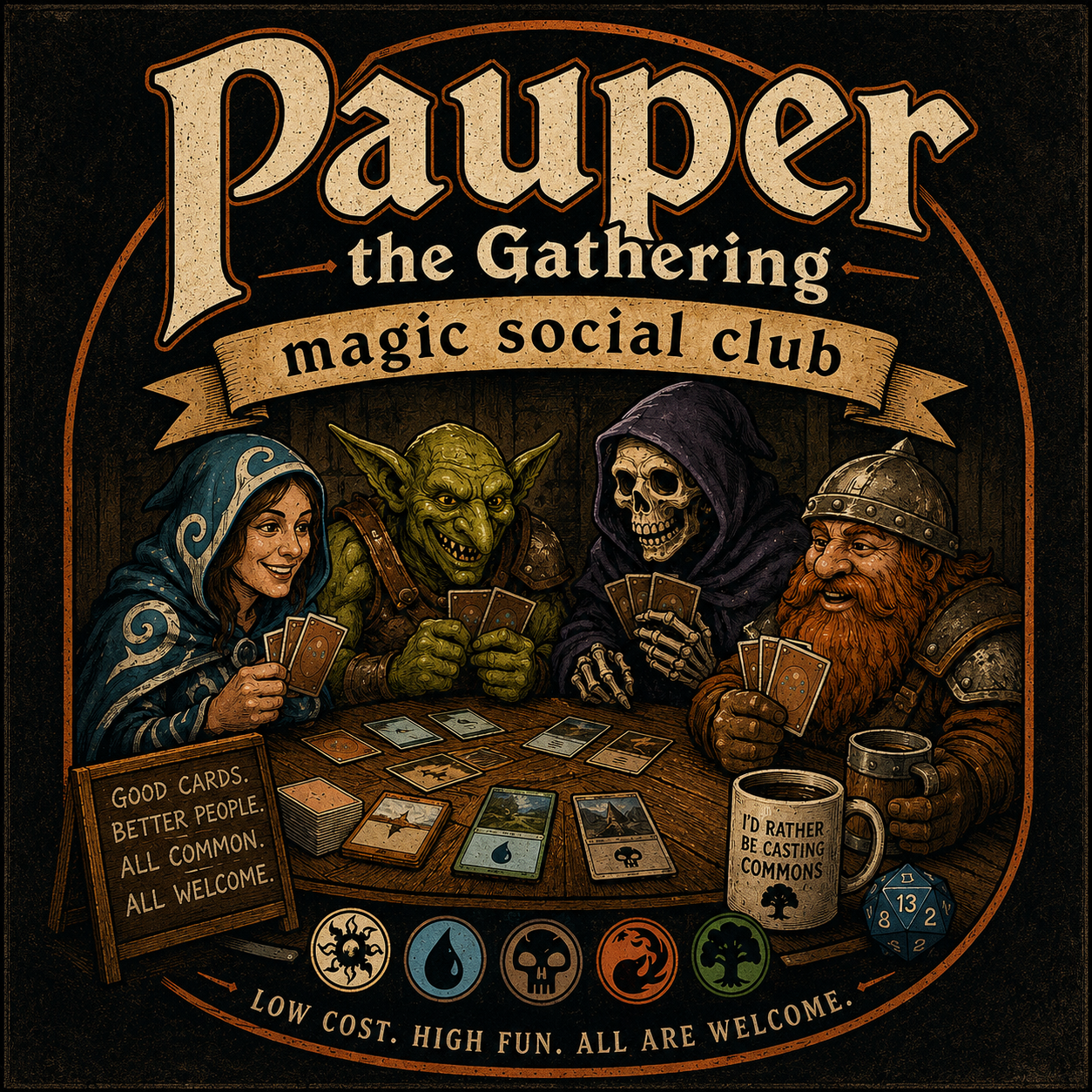 Pauper the Gathering, Magic Social Club poster: a wizard, goblin, skeleton, and dwarf playing cards around a tavern table, mugs and dice scattered about, motto reads Good Cards Better People, All Common All Welcome, Low Cost High Fun All Are Welcome